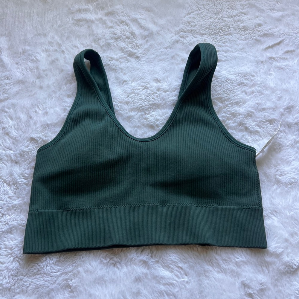 Aerie Real Good Ribbed Seamless Bralette Forest Green V-Neck Size Medium NWT